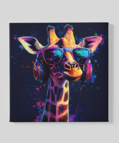 Giraffe met Koptelefoon Canvas Schilderij