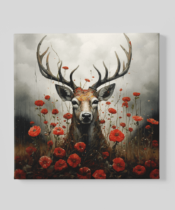 Hert en Bloemen Canvas Schilderij