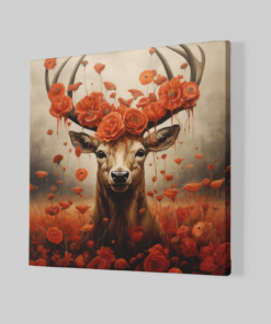 Alternative view of Hert met Rode Bloemen Canvas Schilderij