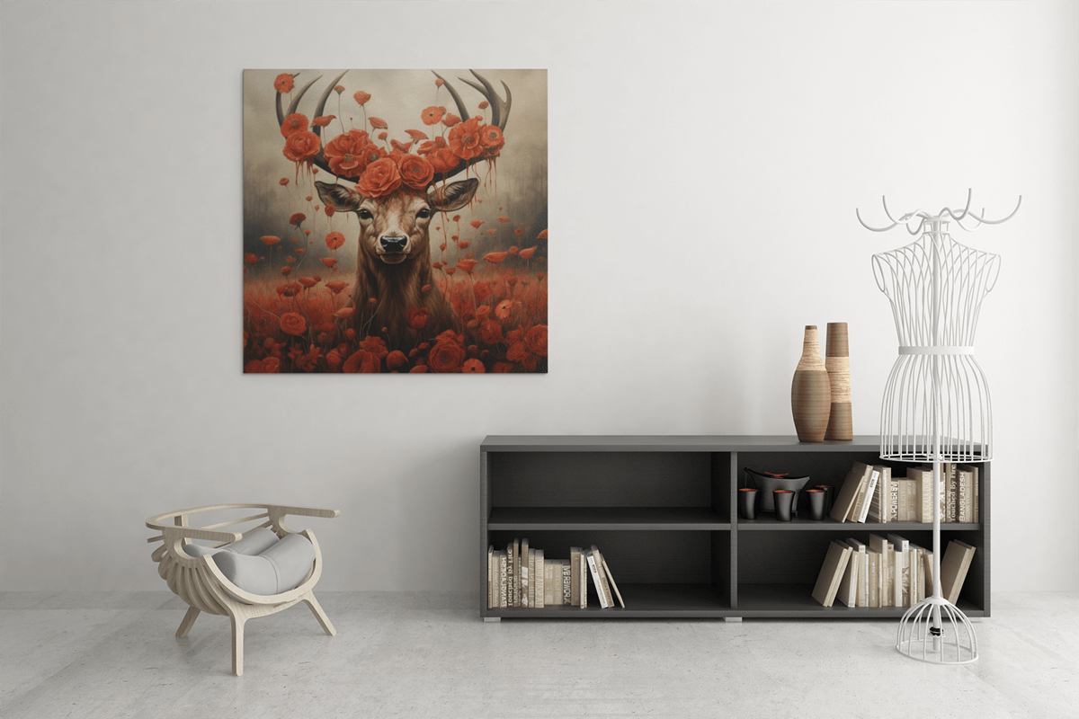 OEFE 1243 hert met rode bloemen canvas schilderij c
