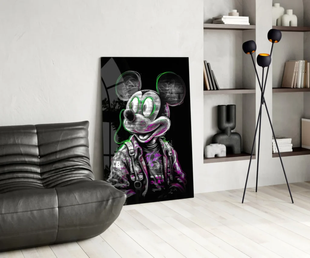 Neon Mickey Glasschilderij