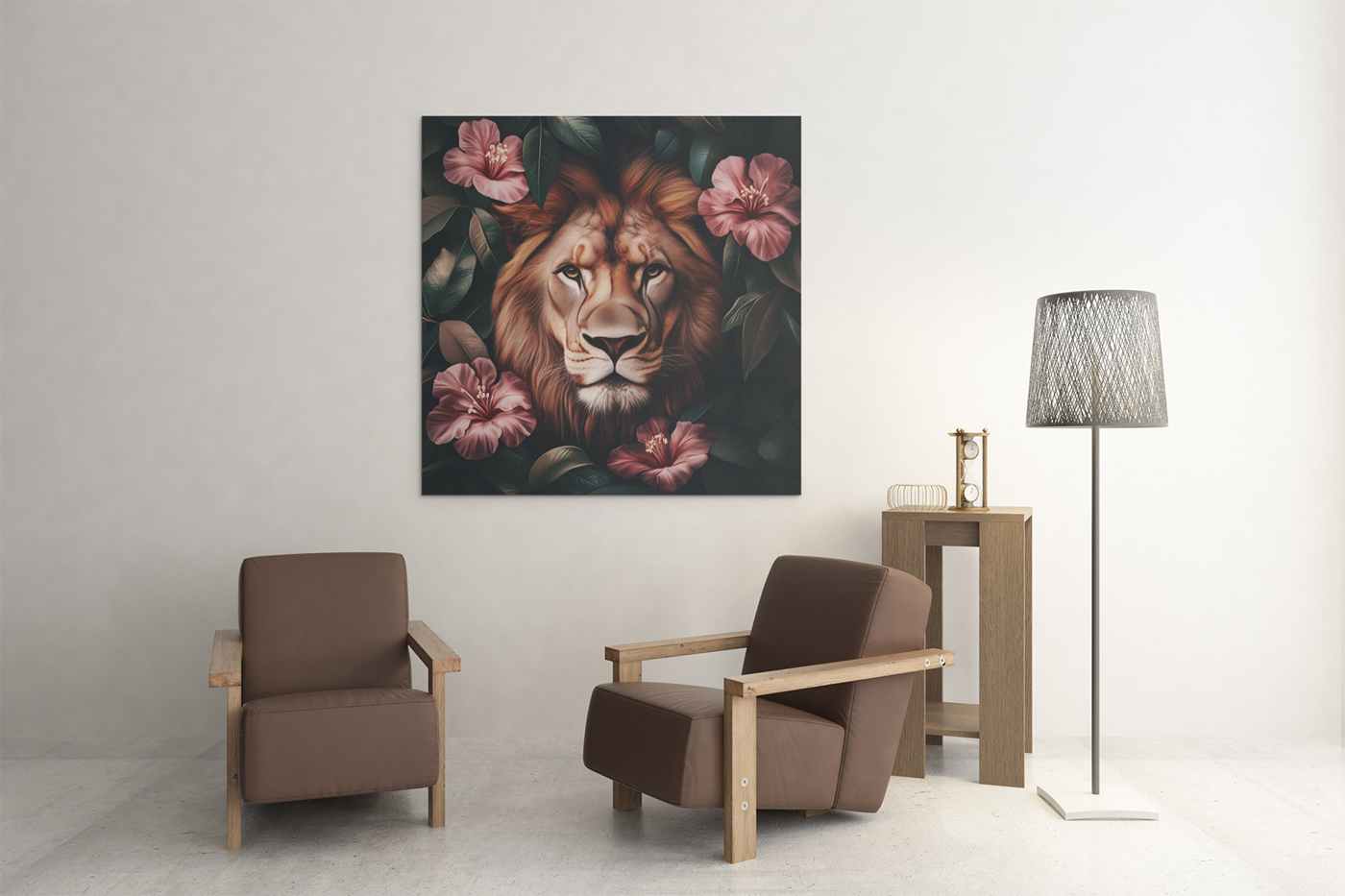 OEFE 1259 vierkant schilderij leeuw met bloemen d