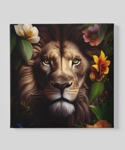 Leeuw en Bloemen Vierkant Schilderij