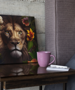 Leeuw en Bloemen Vierkant Schilderij - Afbeelding 3