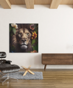 Leeuw en Bloemen Vierkant Schilderij - Afbeelding 4