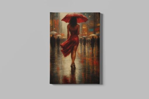 Romantische Stadsscène Vrouw met Rode Paraplu op Canvas