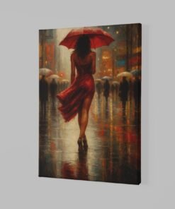 ALIVA 1427 romantische stadsscene vrouw met rode paraplu op canvas a