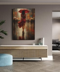 ALIVA 1427 romantische stadsscene vrouw met rode paraplu op canvas b