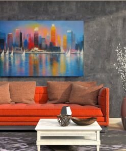 ALIVA 1454 kleurrijke stad op canvas schilderij c