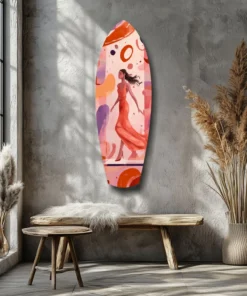 srf 1009 a vrouw met jurk surfboard glasschilderij
