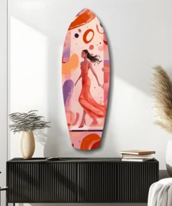 srf 1009 d vrouw met jurk surfboard glasschilderij