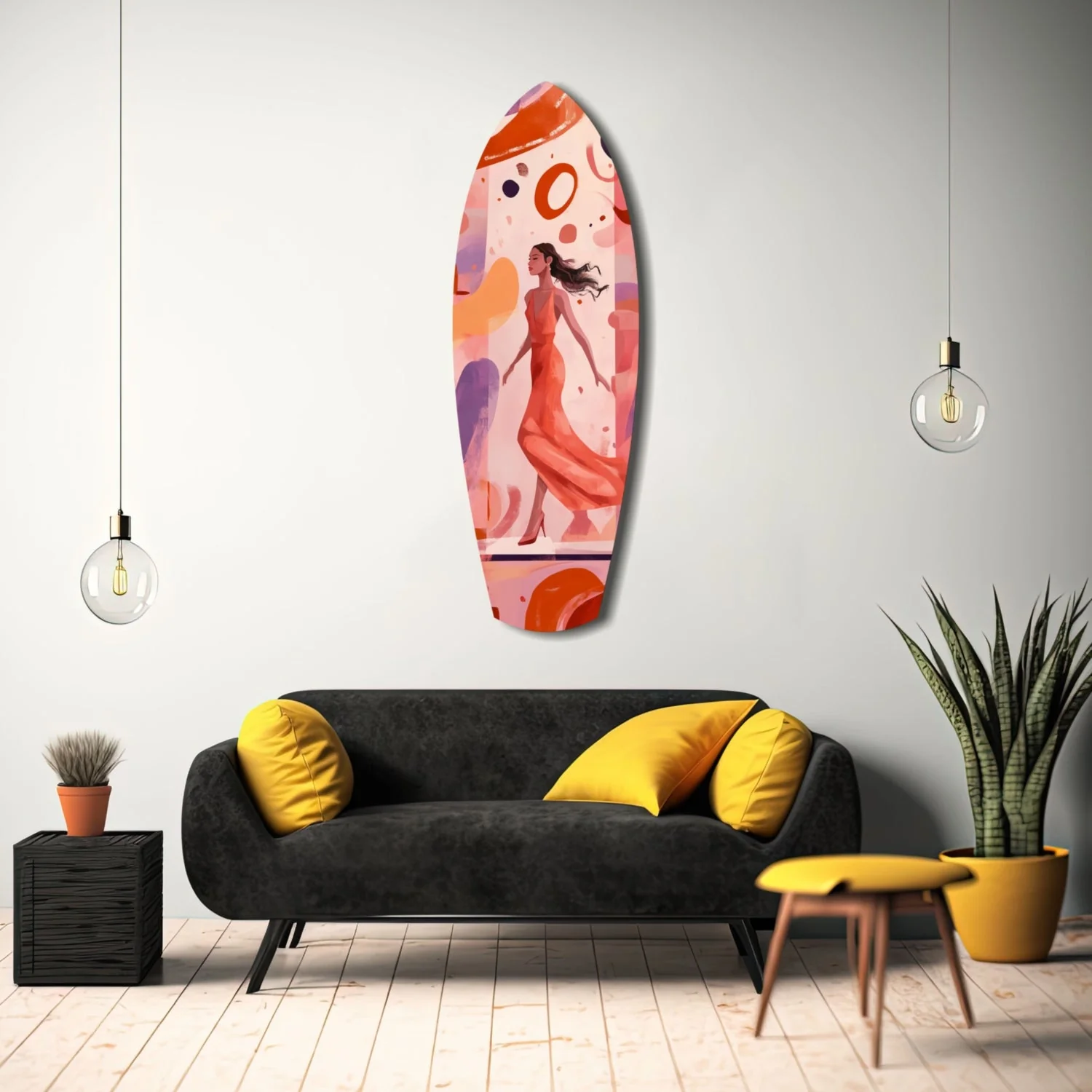 srf 1009 f vrouw met jurk surfboard glasschilderij