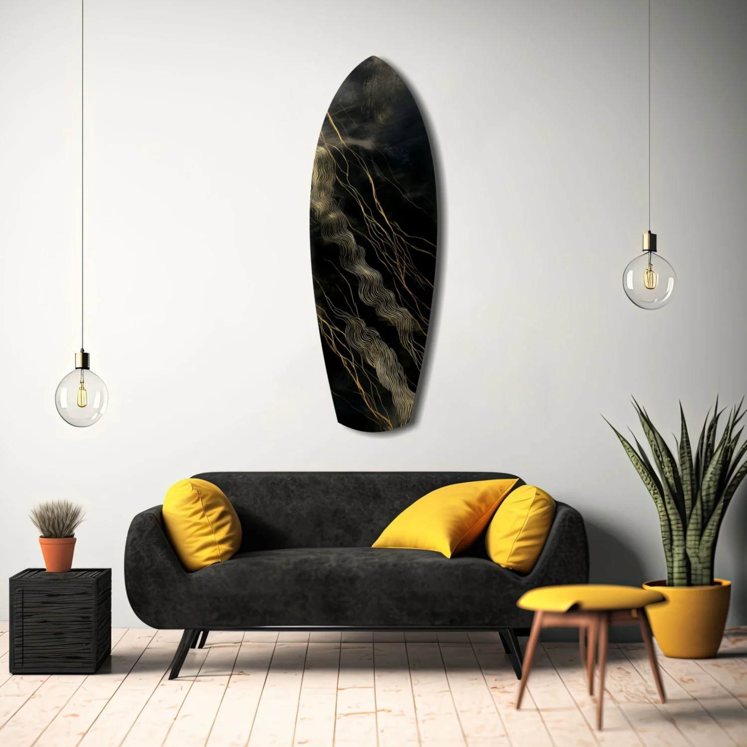 srf 1015 f goud en zwart surfboard glasschilderij