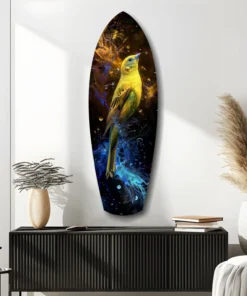srf 2057 d gele vogel surfboard glasschilderij