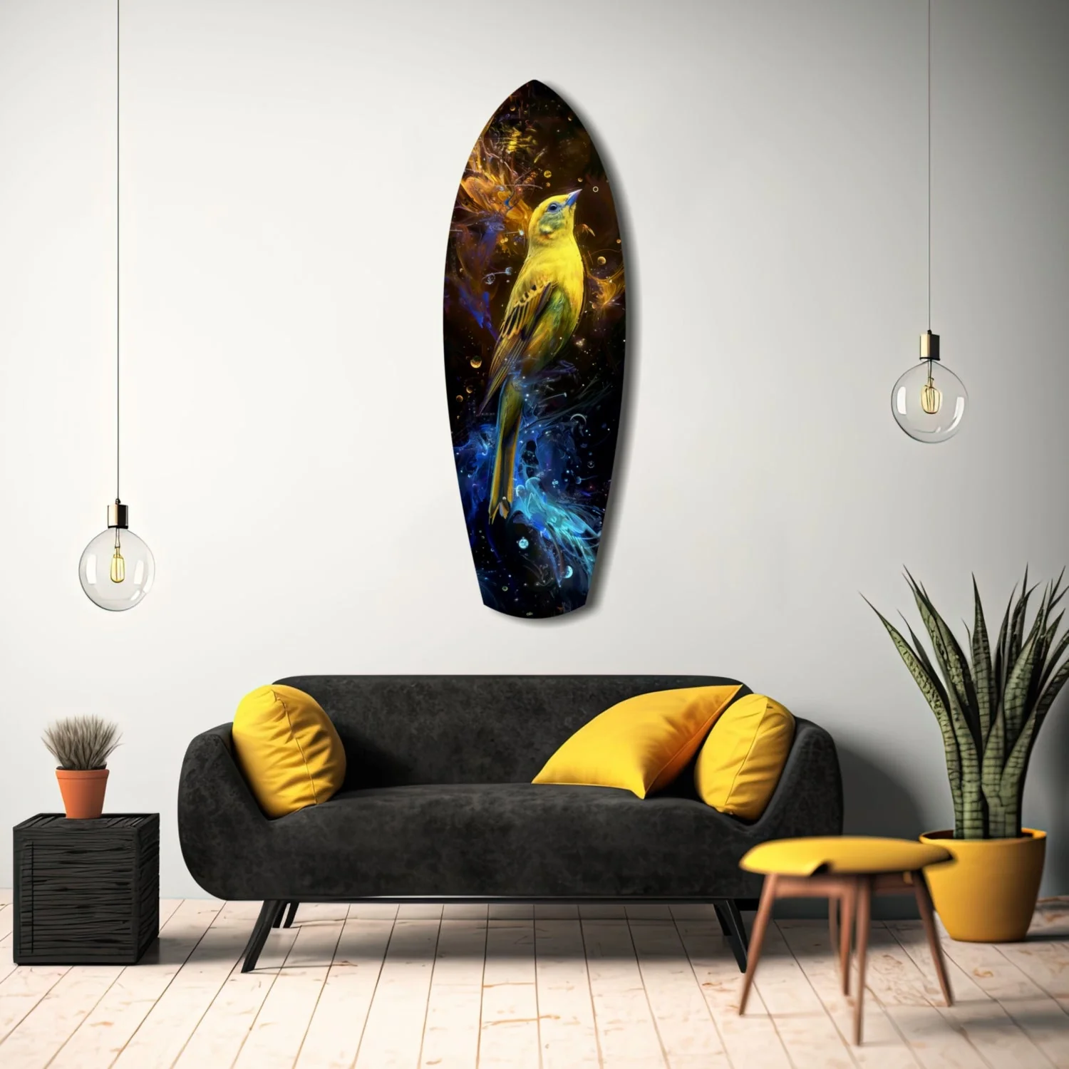 srf 2057 f gele vogel surfboard glasschilderij