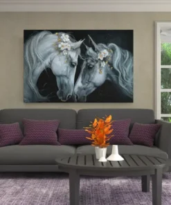 ALIVA 1490 witte paarden met bloem canvas schilderij b