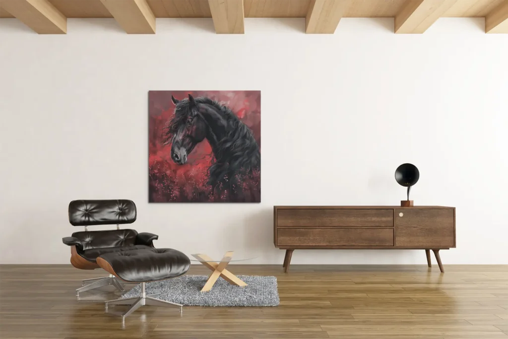 OEFE-1297-paard-met-rood-vierkant-schilderij-b