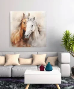 OEFE 1298 paarden bruin wit vierkant schilderij c