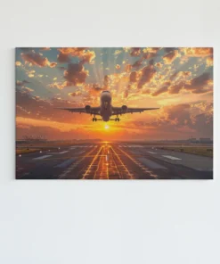 Canvas schilderij van een vliegtuig bij zonsondergang