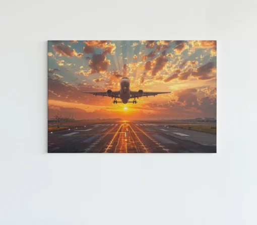 Canvas schilderij van een vliegtuig bij zonsondergang