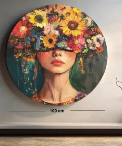 SOLIVA 1005 vrouw met bloemen muurcirkel rond schilderij print op dibond a
