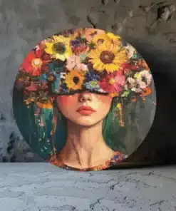 vrouw-met-bloemen-muurcirkel-rond-schilderij-print-op-dibond-b