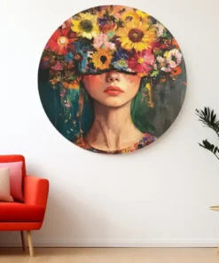 SOLIVA 1005 vrouw met bloemen muurcirkel rond schilderij print op dibond c