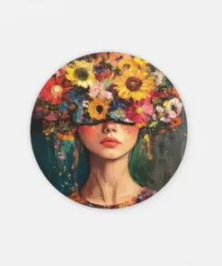 Vrouw Met Bloemen Rond Schilderij Op Dibond