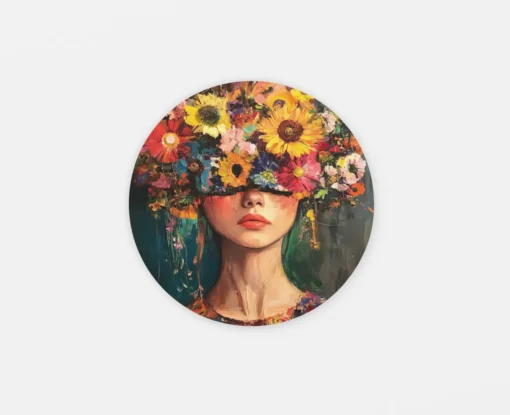Vrouw Met Bloemen Rond Schilderij Op Dibond