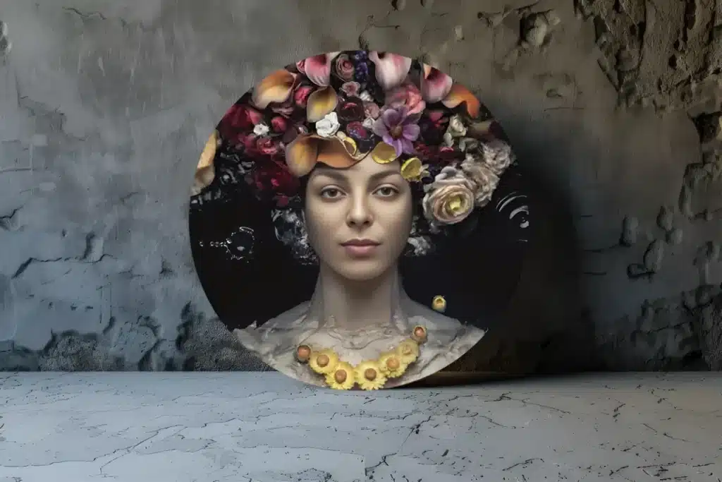 vrouw-met-bloemen-muurcirkel-print-op-dibond-a