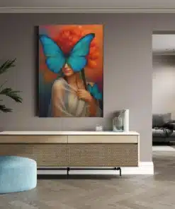 vrouw-met-blauwe-vlinders-canvas-schilderij-b