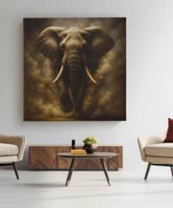 OEFE 1052 olifant vierkant schilderij krachtig dier in donkere rook