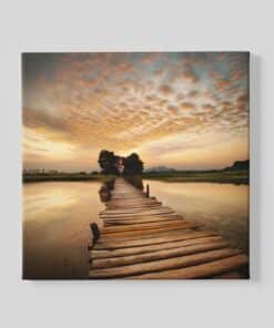 Vierkant Schilderij Zonsondergang met houten pier