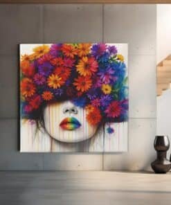 vrouw-en-bloemen-vierkant-schilderij-d