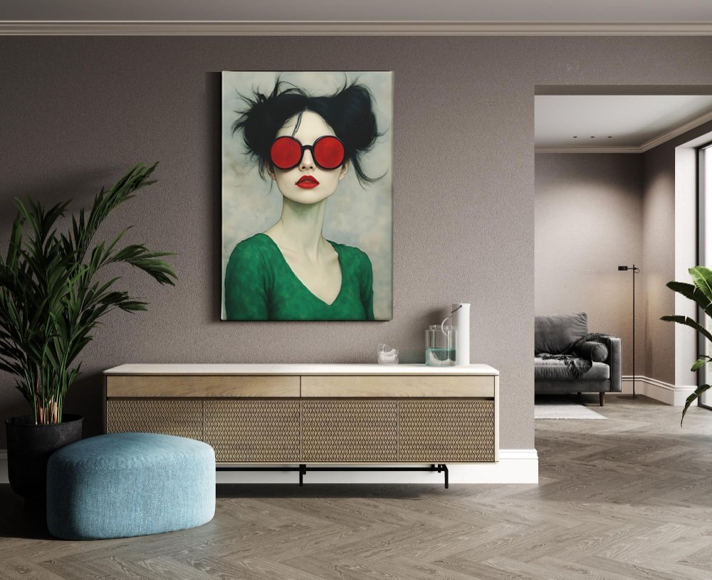 Vrouw met Rode Zonnebril Canvas Schilderij - Afbeelding 3