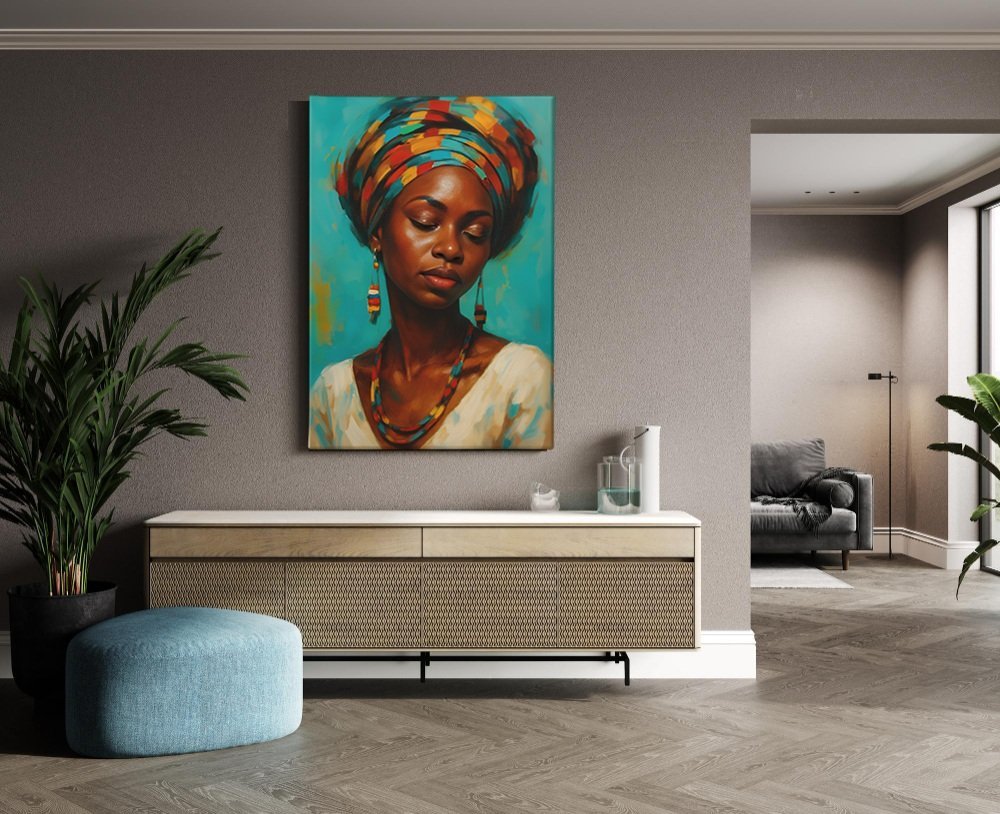 Vrouw met Kleurrijke Hoofddoek Canvas Schilderij - Afbeelding 3