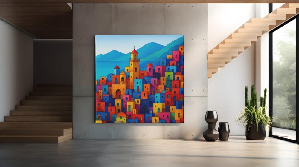 Vierkant Canvas Schilderij Kleurenmozaïek Stad - Afbeelding 6
