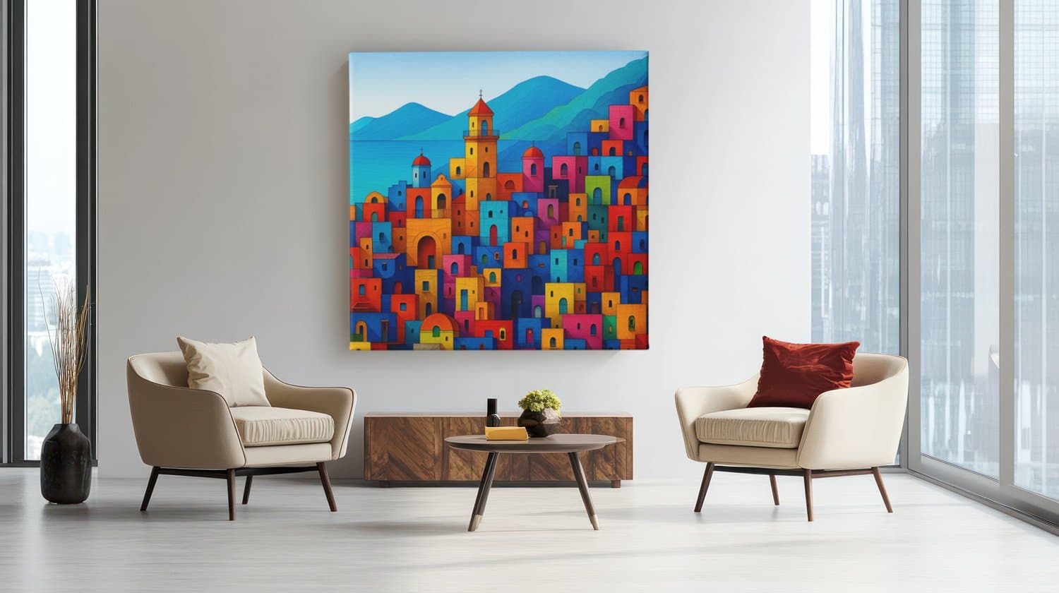 Vierkant Canvas Schilderij Kleurenmozaïek Stad - Afbeelding 4