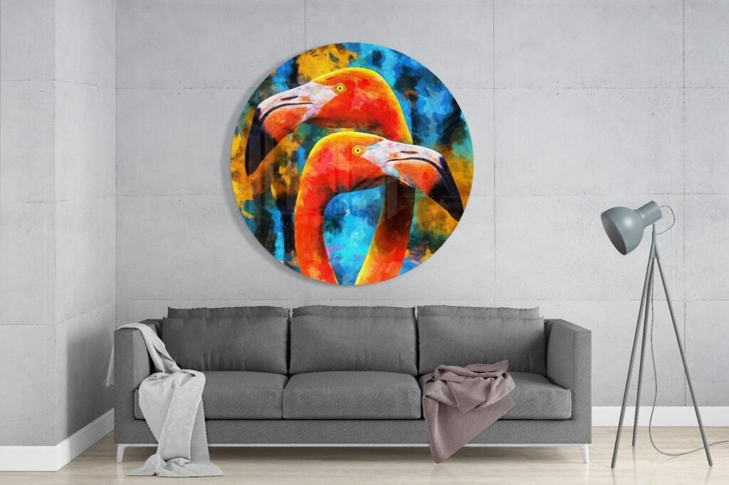 Rond Schilderij Flamingo op Glas