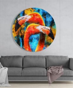 Rond Schilderij Flamingo op Glas