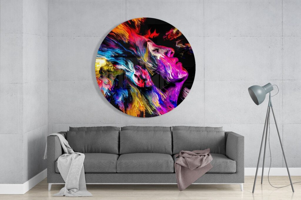 Kleurrijke Rond Glasschilderij Abstract Vrouw