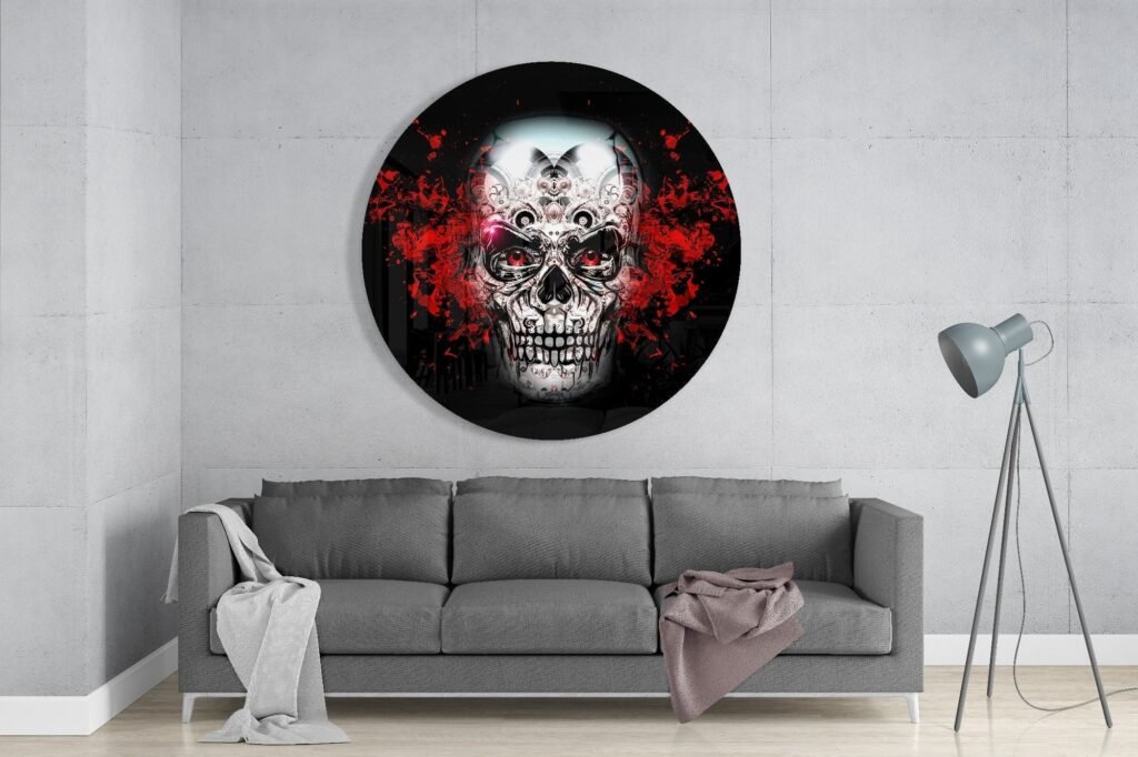 rond-schilderij-schedel-en-rood