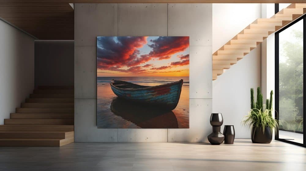 Boot en Rode Wolken Vierkant Schilderij - Afbeelding 6