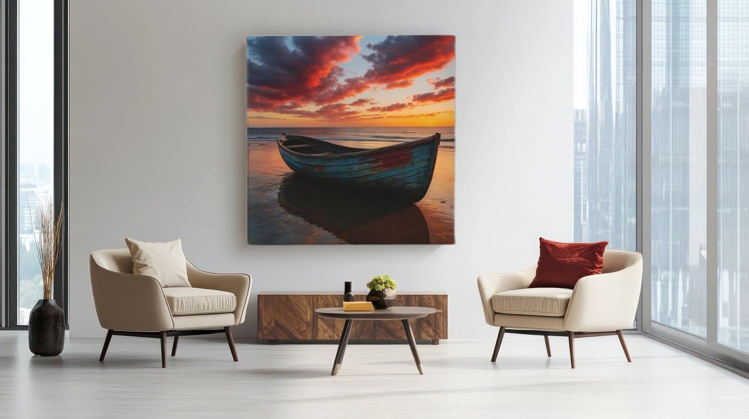 vierkant-schilderij-boot-en-rode-wolken-e
