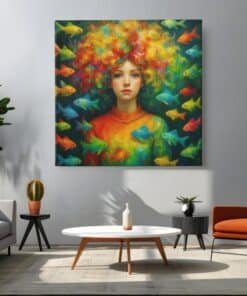 OEFE 1311 vierkant schilderij meisje met kleurrijke vissen c