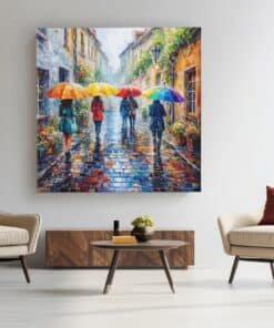OEFE 1312 vierkant canvas schilderij kleurrijke regenachtige straat d