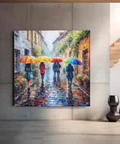 OEFE 1312 vierkant canvas schilderij kleurrijke regenachtige straat e