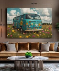retro-bus-op-veld-canvas-schilderij-d