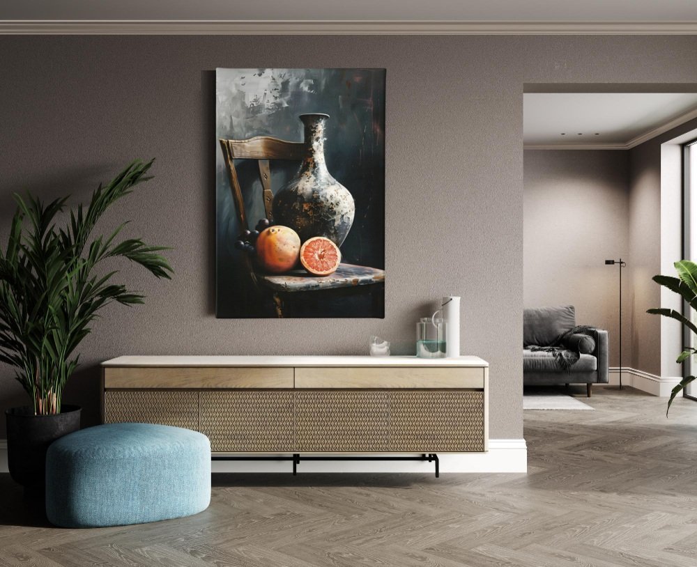 Vaas en Fruit Canvas Schilderij - Afbeelding 4