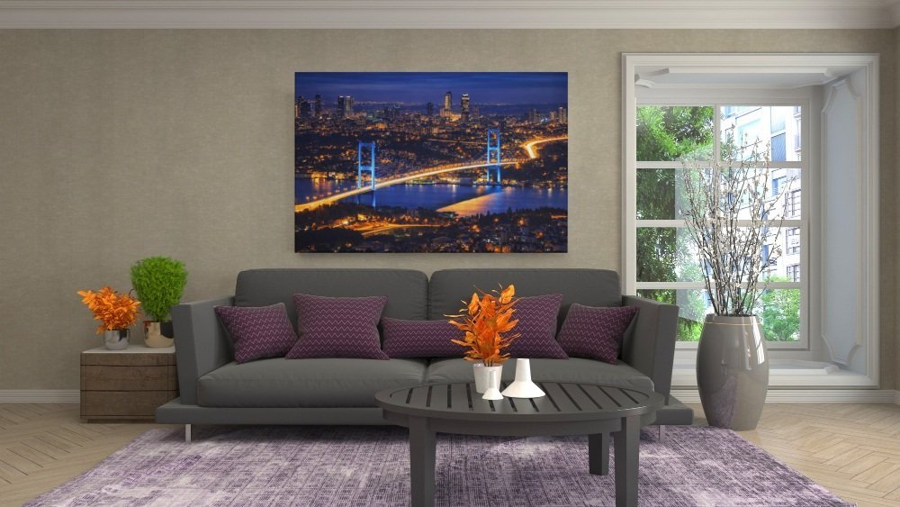 Istanbul Nacht Stad met Brug Canvas Schilderij - Afbeelding 3